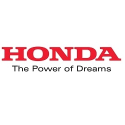 "The Power of Dreams" phrase, in thin black capitalized letters, underneath the Honda logo consisting of word "Honda" in red capitalized letters