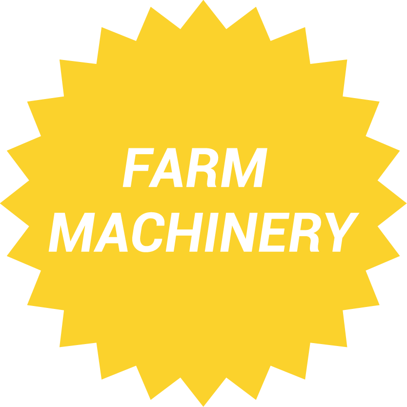 Yellow 24-Point Star Shaped Button with Text "Farm Machinery"