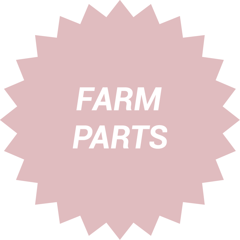 Dirty Pink 24-Point Star Shaped Button with Text "Farm Parts"