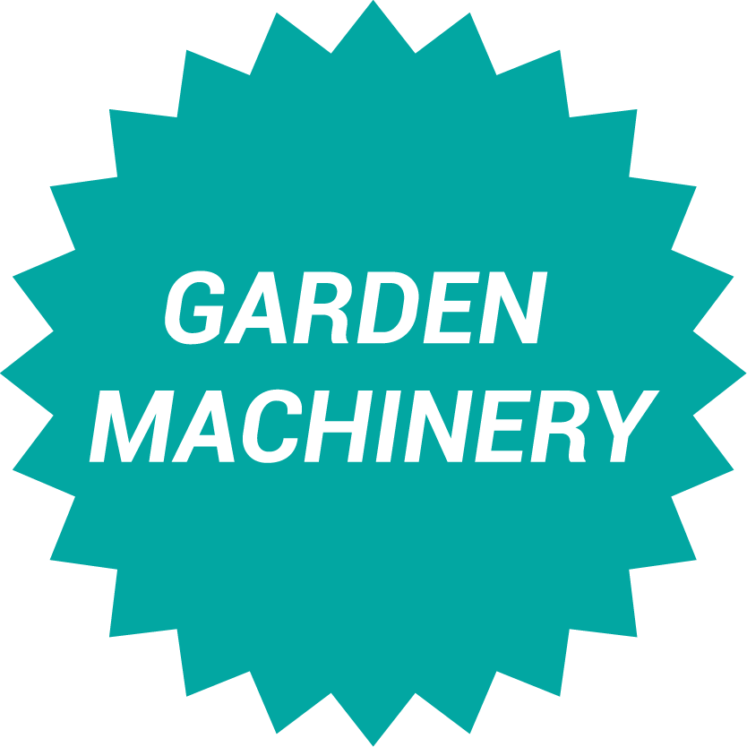 Turquoise 24-Point Star Shaped Button with Text "Garden Machinery"