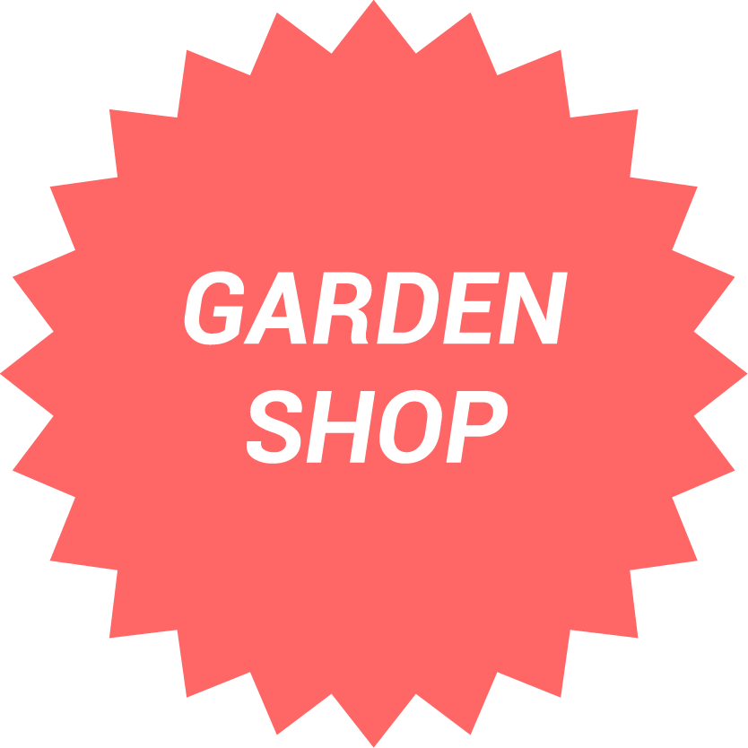 Red 24-Point Star Shaped Button with Text "Garden Shop"