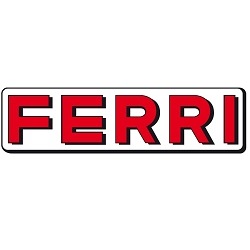 Ferri logo with word Ferri written in bold, capitalized letters in red colour with black shading border. The word "Ferri" is positioned in the middle of white rectangle whit thin black border.
