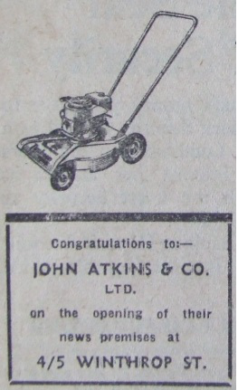 Photo of an old leaflet with sketched lawnmower and text which congratulates John Atkins & Co. LTD on the opening of new premises at Winthrop street